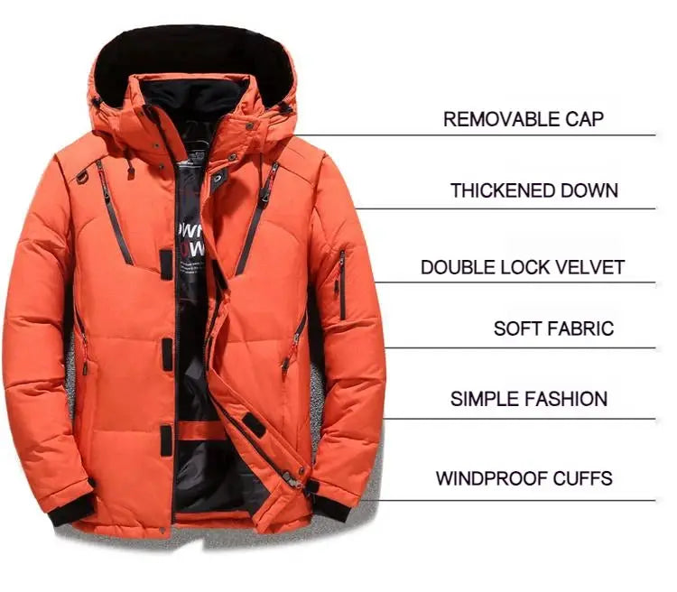 Men's orange down puffer jacket with hood for winter travel and hiking, windproof cuffs