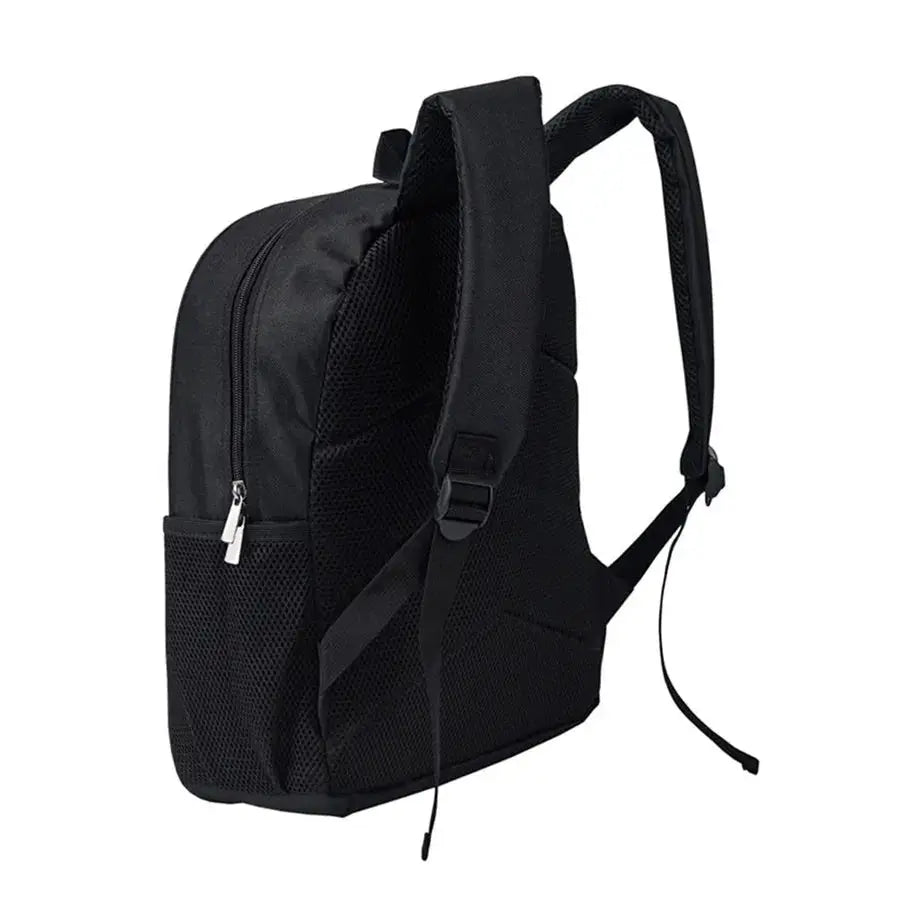 Black backpack with front zipper pocket, mesh side pocket, and padded shoulder straps
