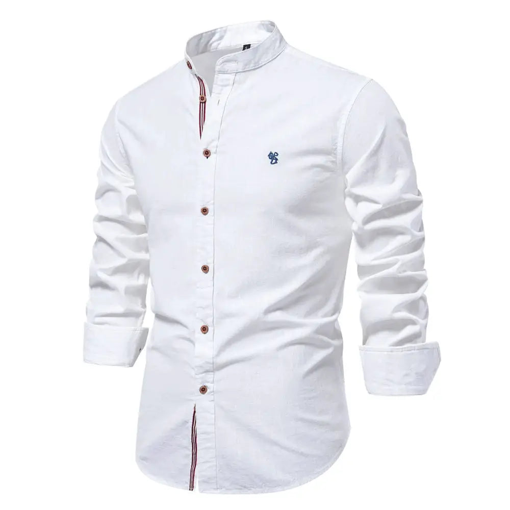 AIOPESON white 100% cotton long-sleeve shirt with stand collar and brown buttons, Simples Market logo.