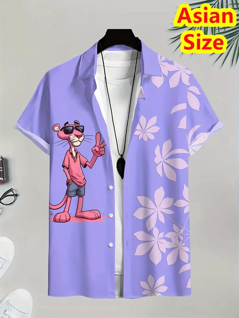 Men's lavender short-sleeve Hawaiian shirt with cartoon tiger graphic and pink floral pattern