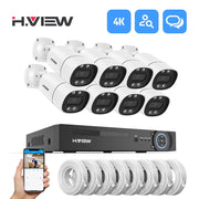 H.View 8-channel PoE CCTV security camera system with 8 white outdoor IP cameras, NVR, and bundled cables