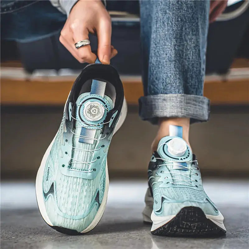 Simples Market men's summer breathable mesh running shoes, teal with rotating buckle, pair shown