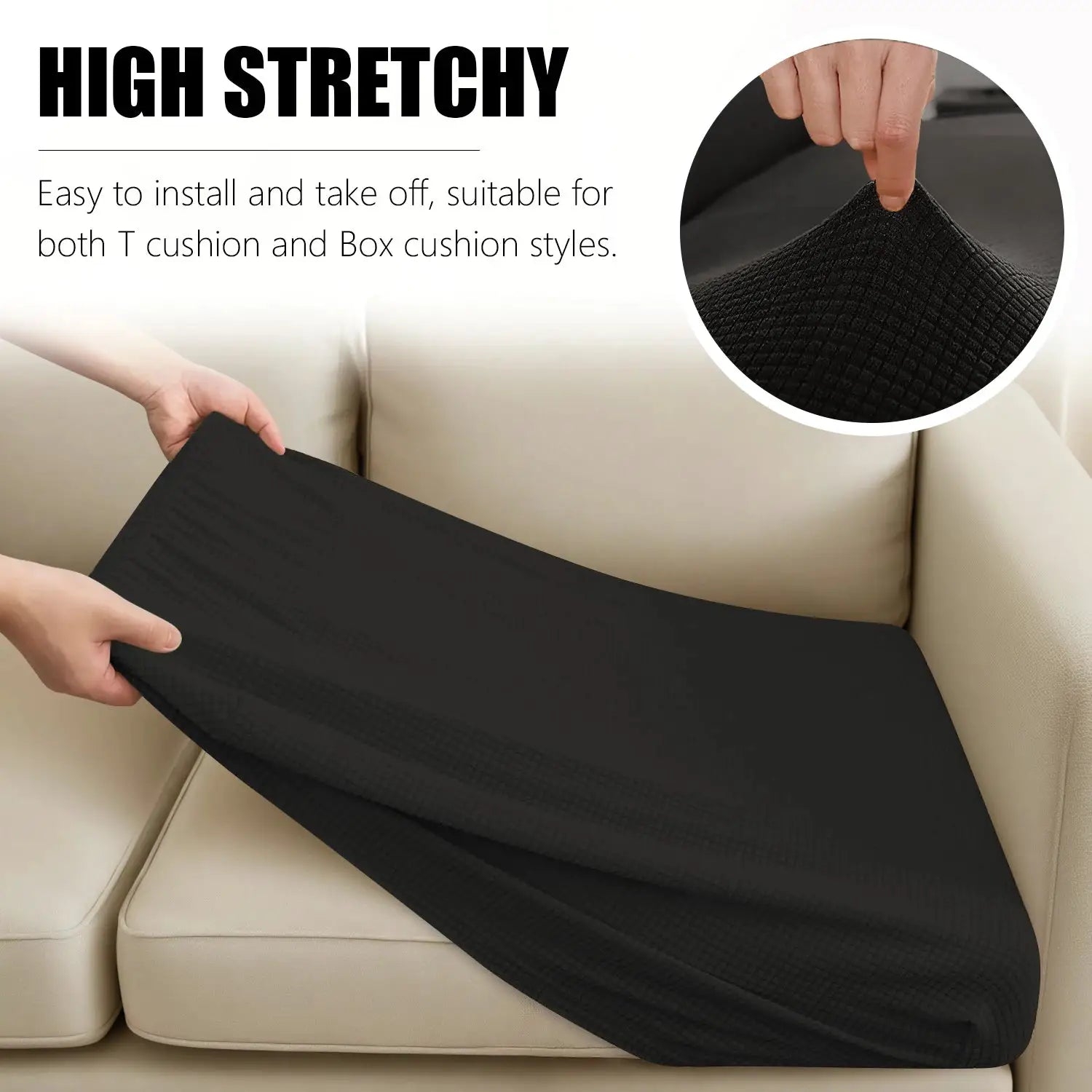 Sofa cushion slipcover in black jacquard by Simples Market; high-stretch cover being stretched over a beige sofa.
