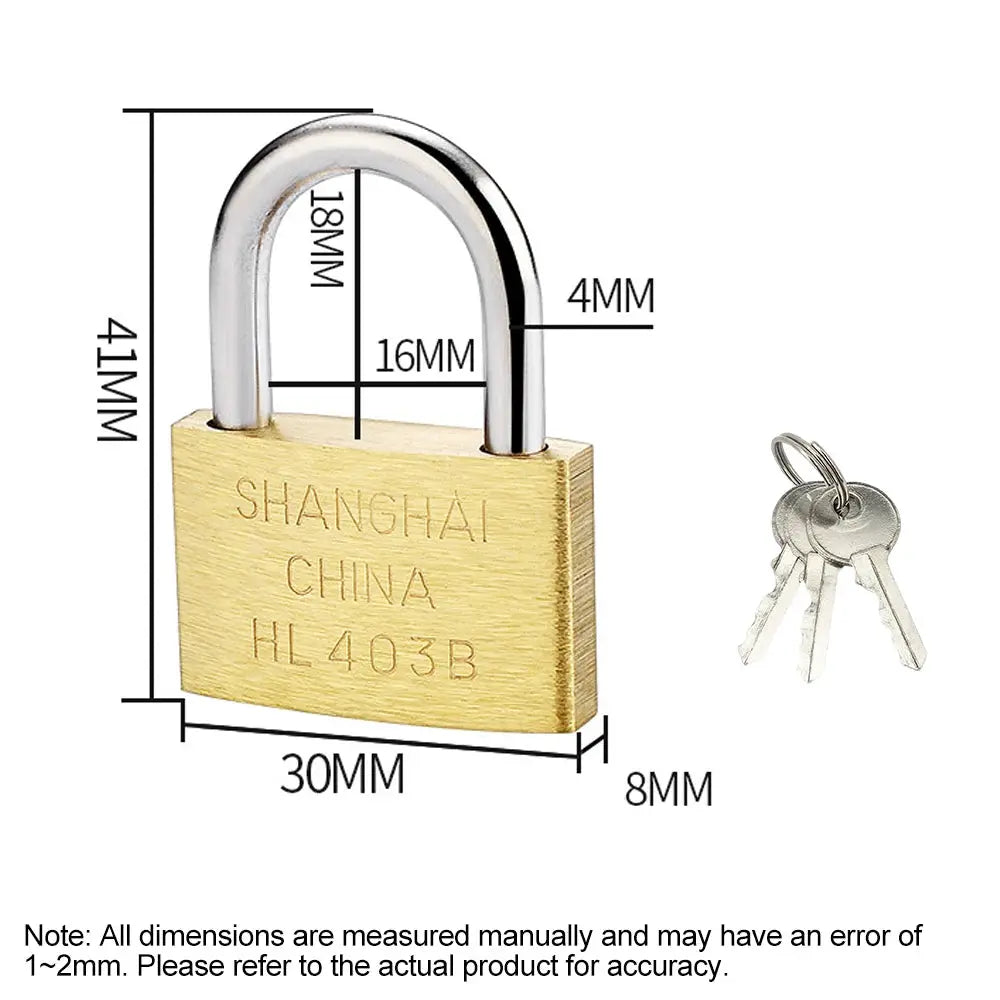 Brass padlock with silver shackle; 41mm tall, 30mm wide, includes 3 keys.