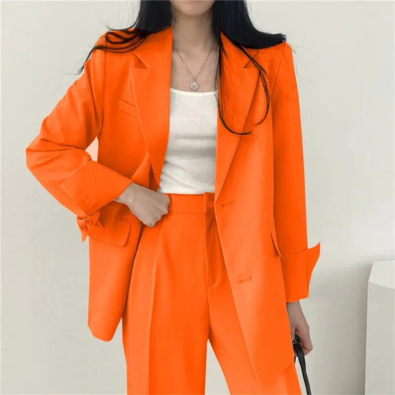 Orange 2-piece blazer and pants set for women, Simples Market casual fall fashion.