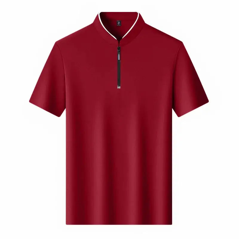 Men's red zip polo shirt with stand-up collar and short sleeves, Simples Market