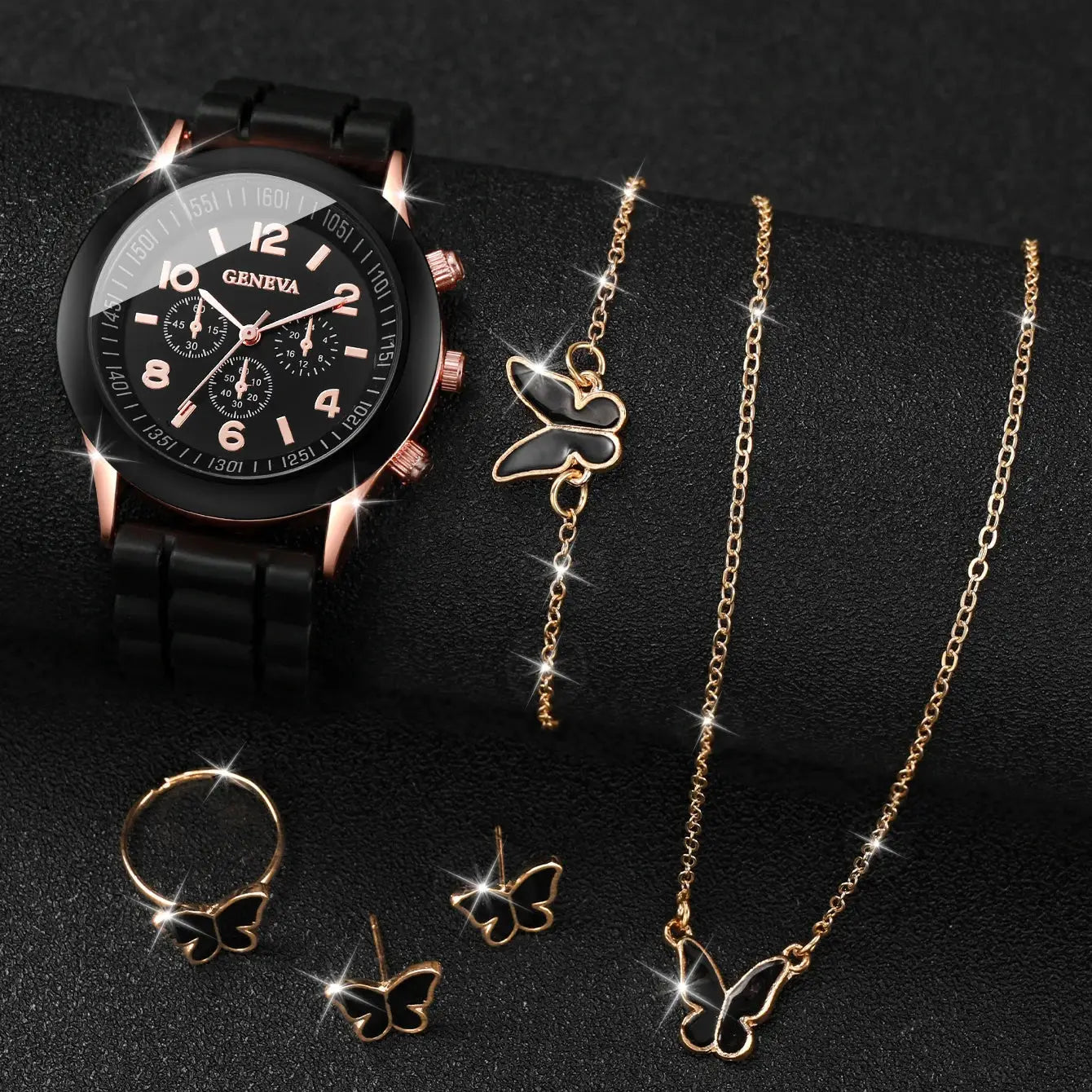 Geneva women’s watch and butterfly jewelry set: black-dial watch with rose-gold case and black band, gold butterfly chains.