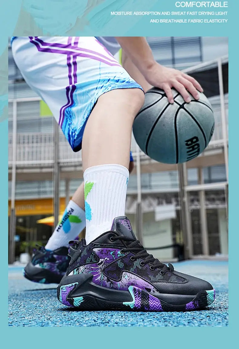 Simples Market pair of men's athletic sneakers, black with purple and teal accents, breathable running shoes