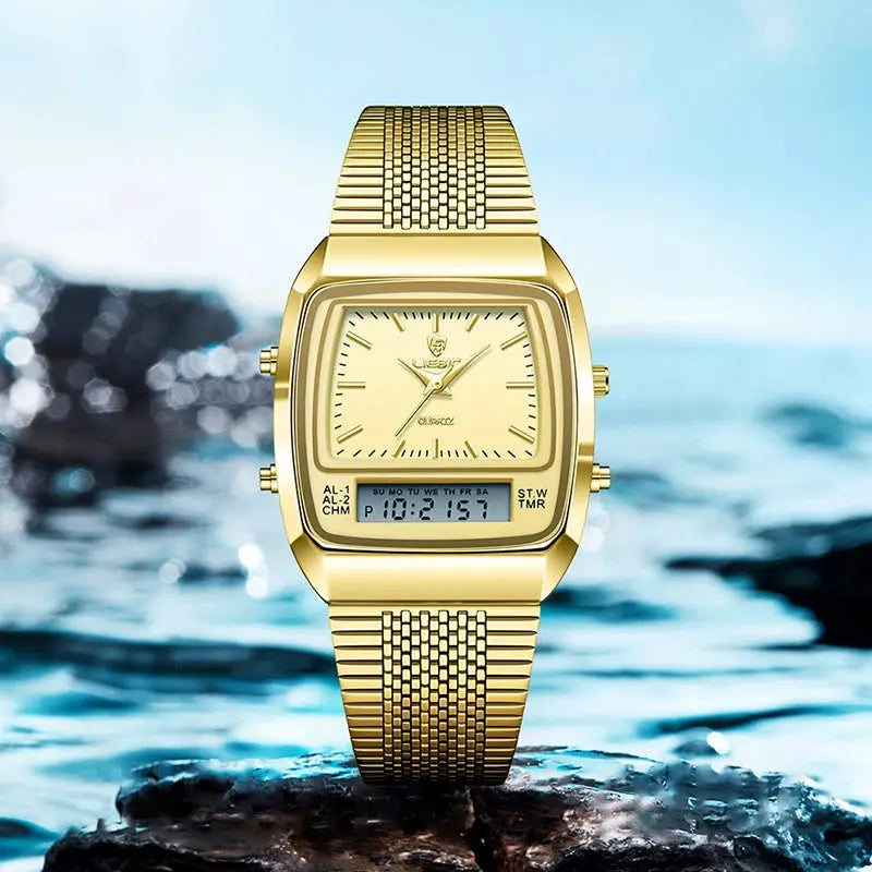 Gold men's digital-analog wristwatch with dual-time display, mesh bracelet, 3-bar water resistant
