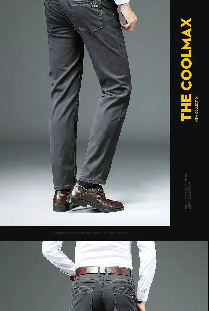 Men's straight-leg cotton blend pants in dark gray with back embroidery; COOL MAX branding.
