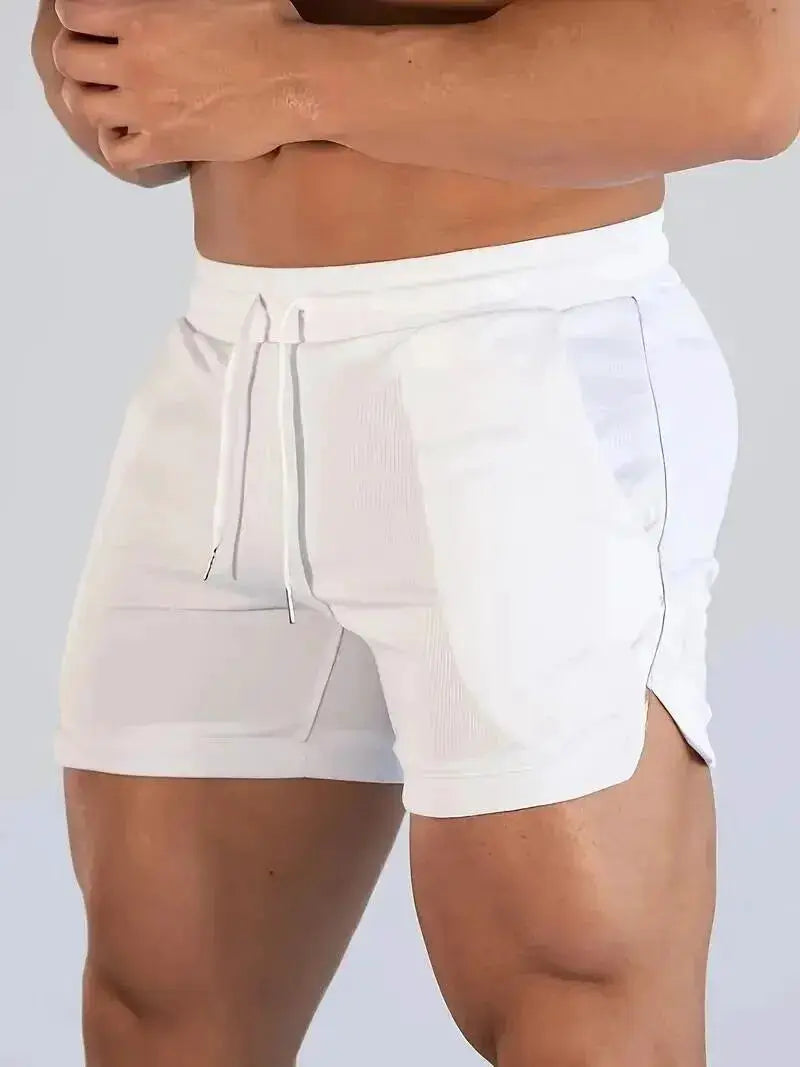 White men's summer athletic fitness shorts with drawstring waistband, mid-thigh length