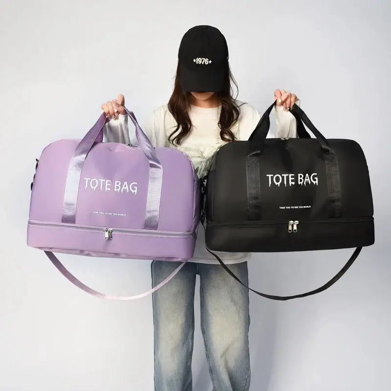 Multifunctional large-capacity travel duffle bag pair in lavender and black; durable nylon, adjustable straps.