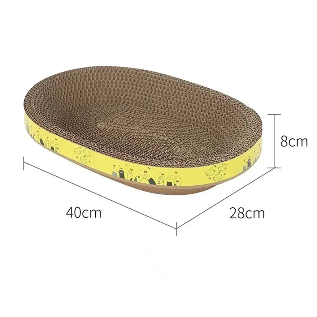 Cat scratching board by Simples Market, oval corrugated paper with a yellow patterned edge, 40x28x8 cm