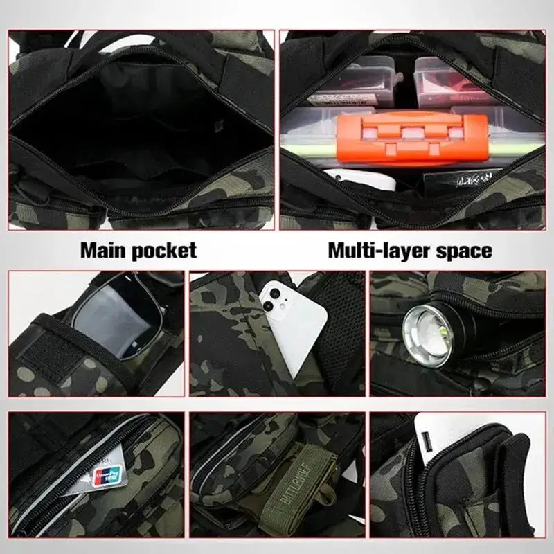 Multi-Purpose Fishing Tackle & Lure Backpack interior showing main pocket and multi-layer space for gear organization.