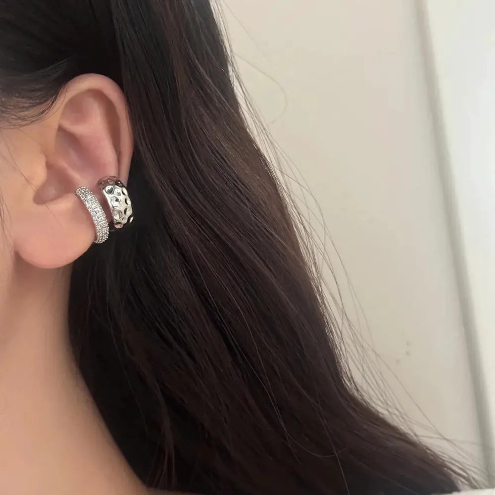 Simples Market ear bone clips set; double-layer silver-tone metal with rhinestones, 2 pieces