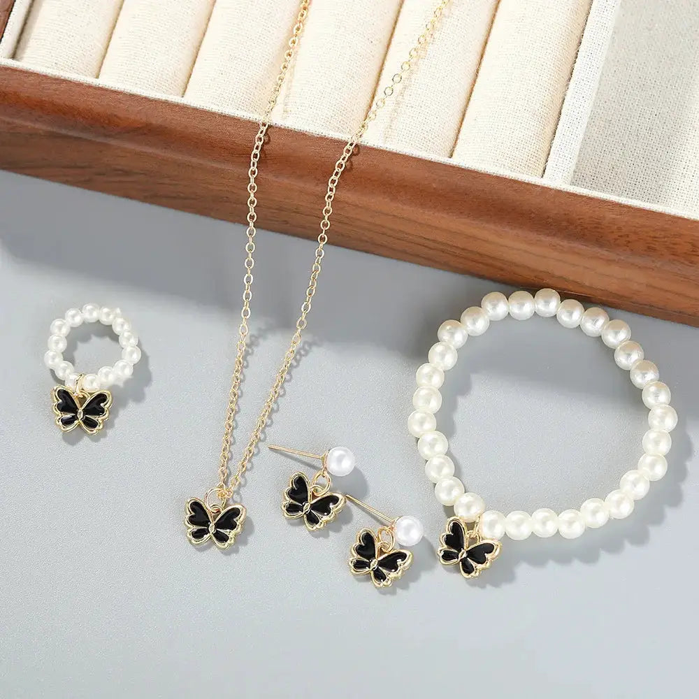Butterfly Jewelry Set 4 Piece for Women Girls Ring Necklace Bracelet Earrings Simulated Pearl Gold Tone Trendy Cute Gift