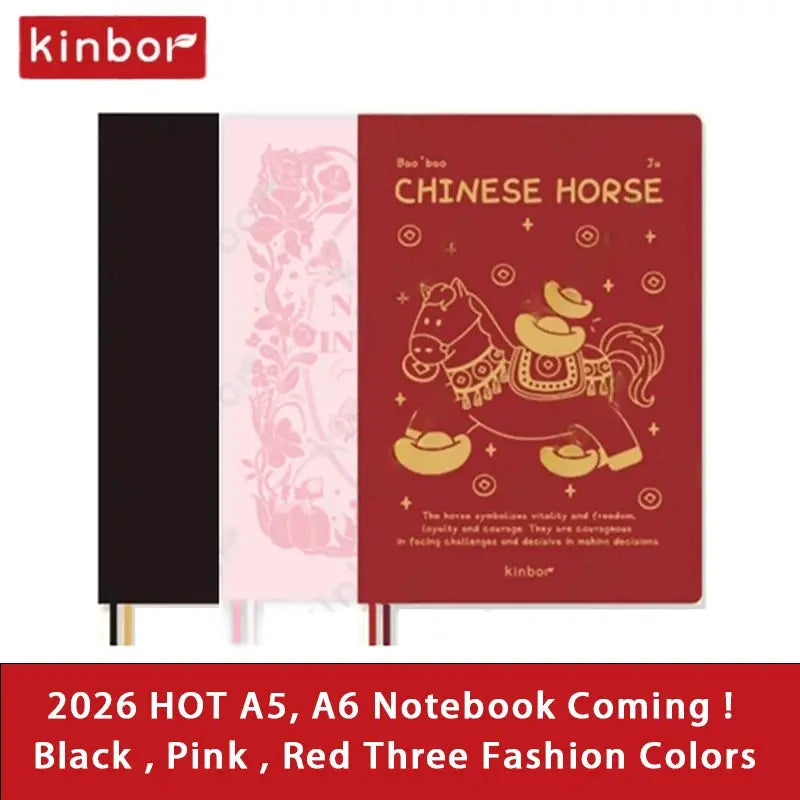 Kinbor weekly planner notebooks (three) in black, pink floral, and red Chinese horse designs; Simples Market brand