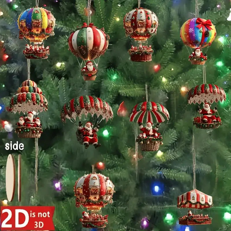 10 Piece Christmas Wooden Pendants Set 2D Flat Hot Air Balloon Santa Claus For Christmas Tree Decoration And Gift