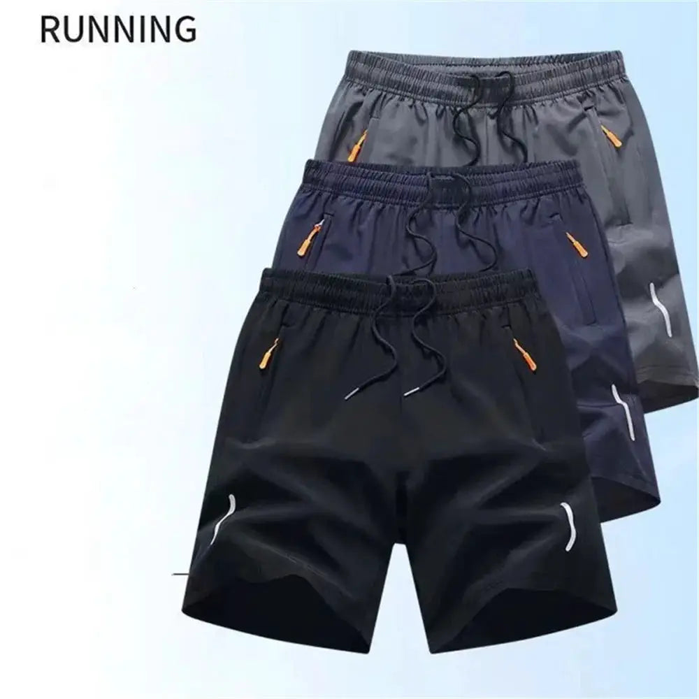 Men's summer ice-silk quick-dry gym shorts set of 3 in black/navy/gray with zip pockets and drawstrings