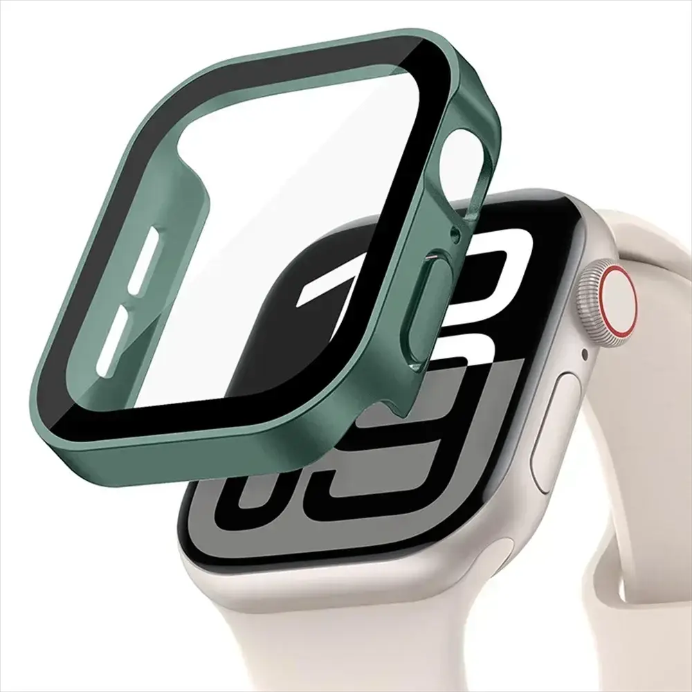 Apple Watch tempered glass screen protector with green PC bumper case by Simples Market, fits 40–46mm Series 4–9 and SE