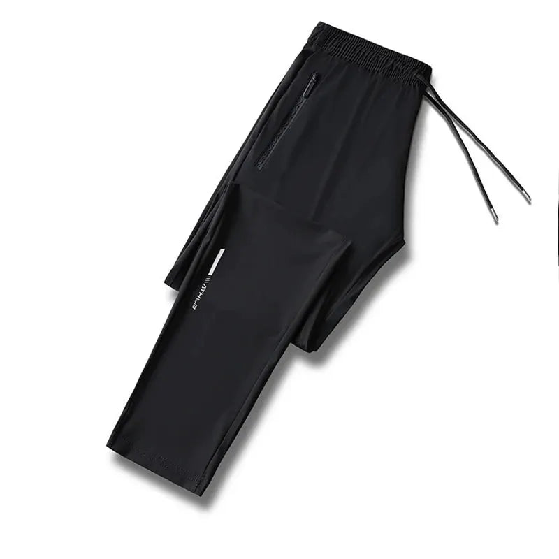 Men's ice silk pants by Simples Market, black quick-dry outdoor running pants with zip pocket and drawstring