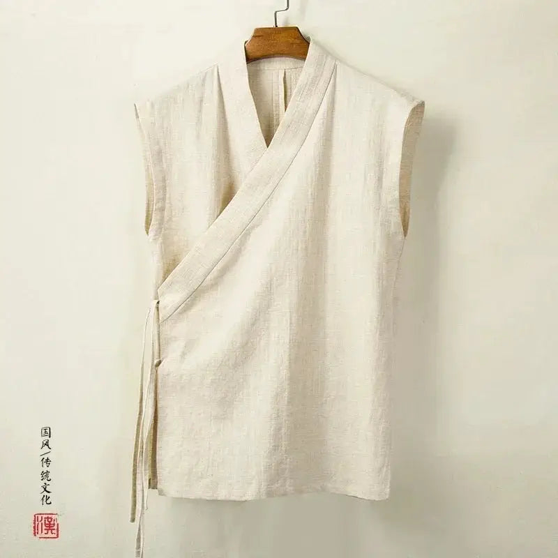 Men's Hanfu vest in natural linen-cotton, sleeveless wrap top with side tie closure