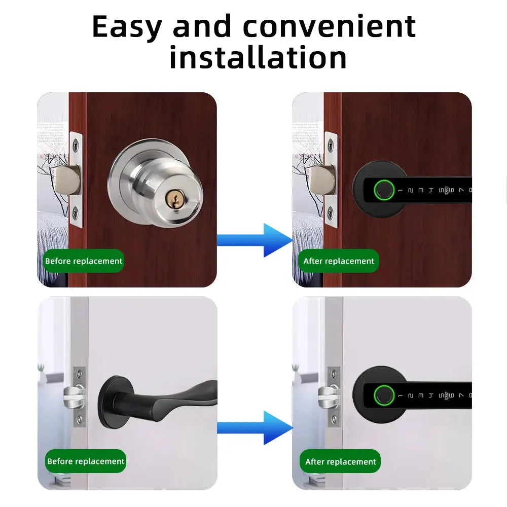 RAYKUBE M5 Tuya BLE fingerprint smart door lock by Simples Market; replaces knob or lever with black digital keypad lock