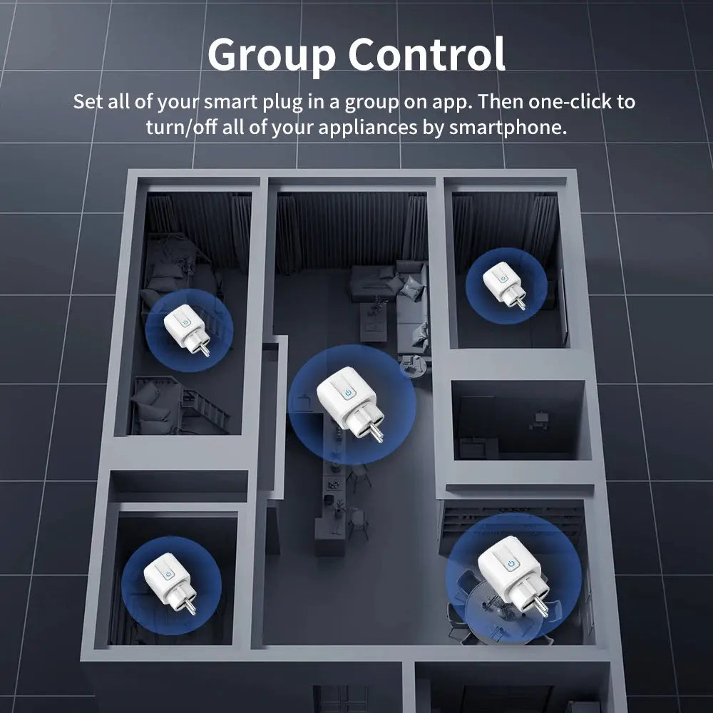 Simples Market TNCE TUYA EU smart plug group control with six white EU plugs glowing blue in a home layout