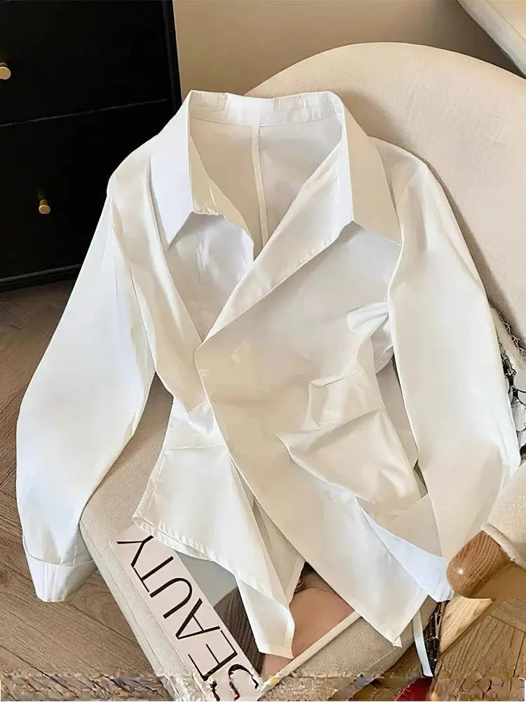 Designer Irregular Long Sleeve Polo Shirt Women Tunic White Elegant Basic Top Blouse For Workwear