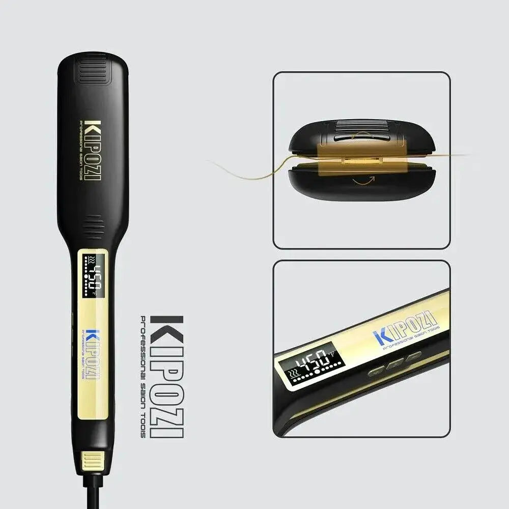 KIPOZI titanium flat iron hair straightener with digital LCD display, black with gold accents