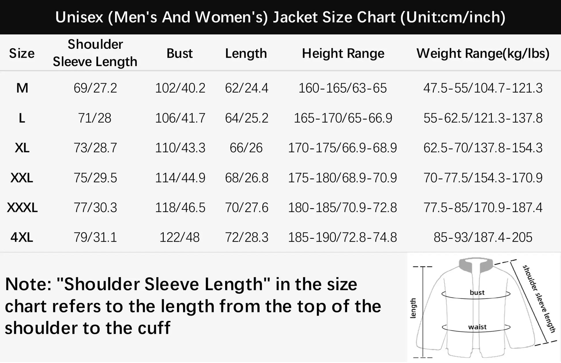 JNLN Unisex Hiking Jacket size chart from Simples Market showing bust, length, shoulder sleeve length, and height/weight ranges.