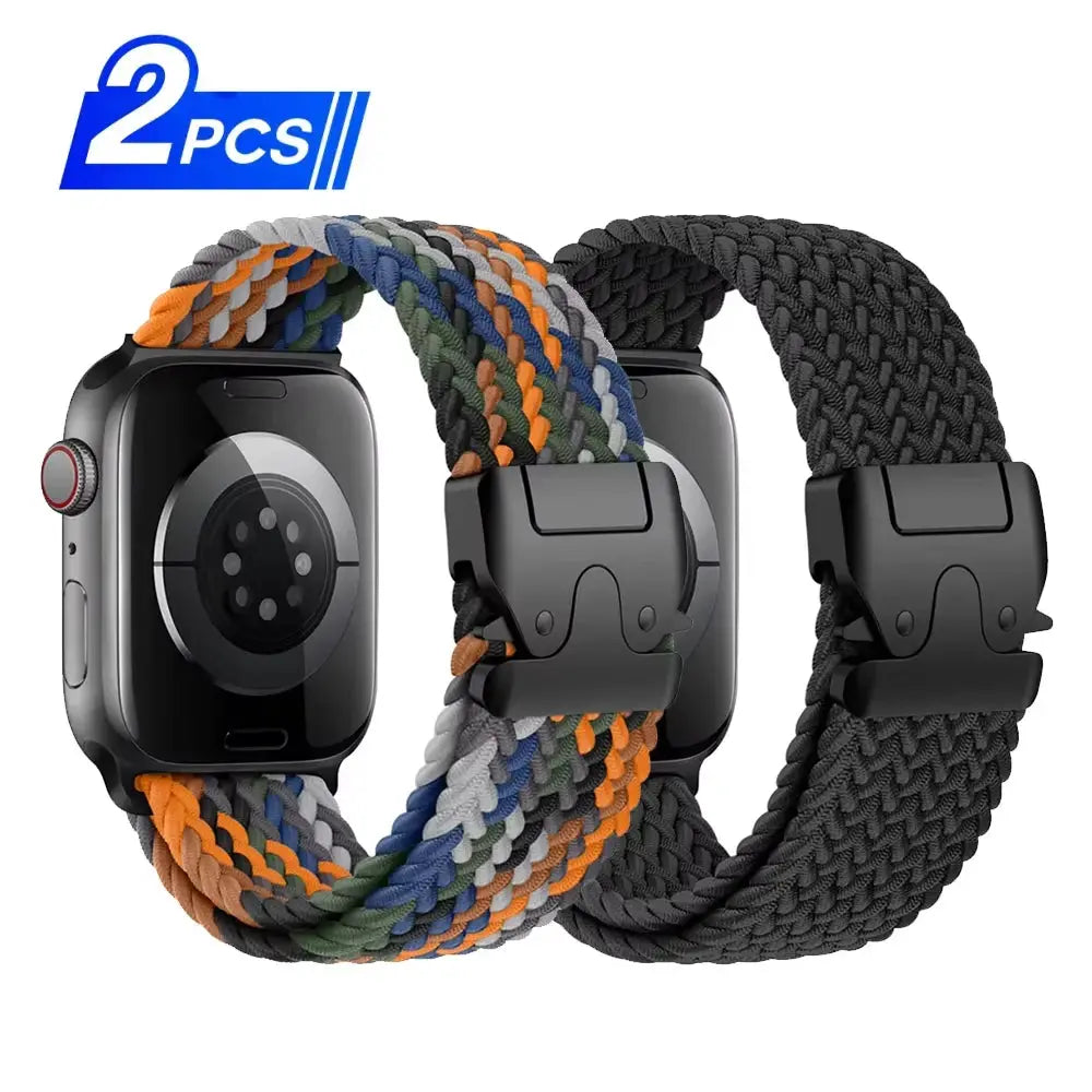 Parachute braided Apple Watch bands, 2 pcs; multicolor and black woven straps