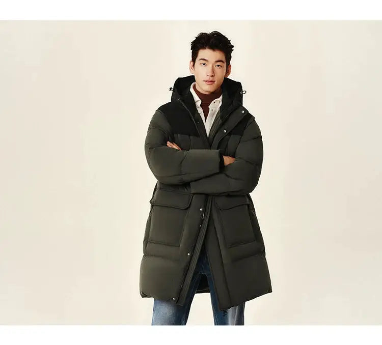 Semir down jacket for men, olive green long puffer with hood and large front pockets.
