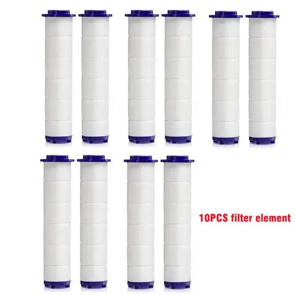 Simples Market 10-pack shower head filter elements, white cylindrical cartridges with purple ends.