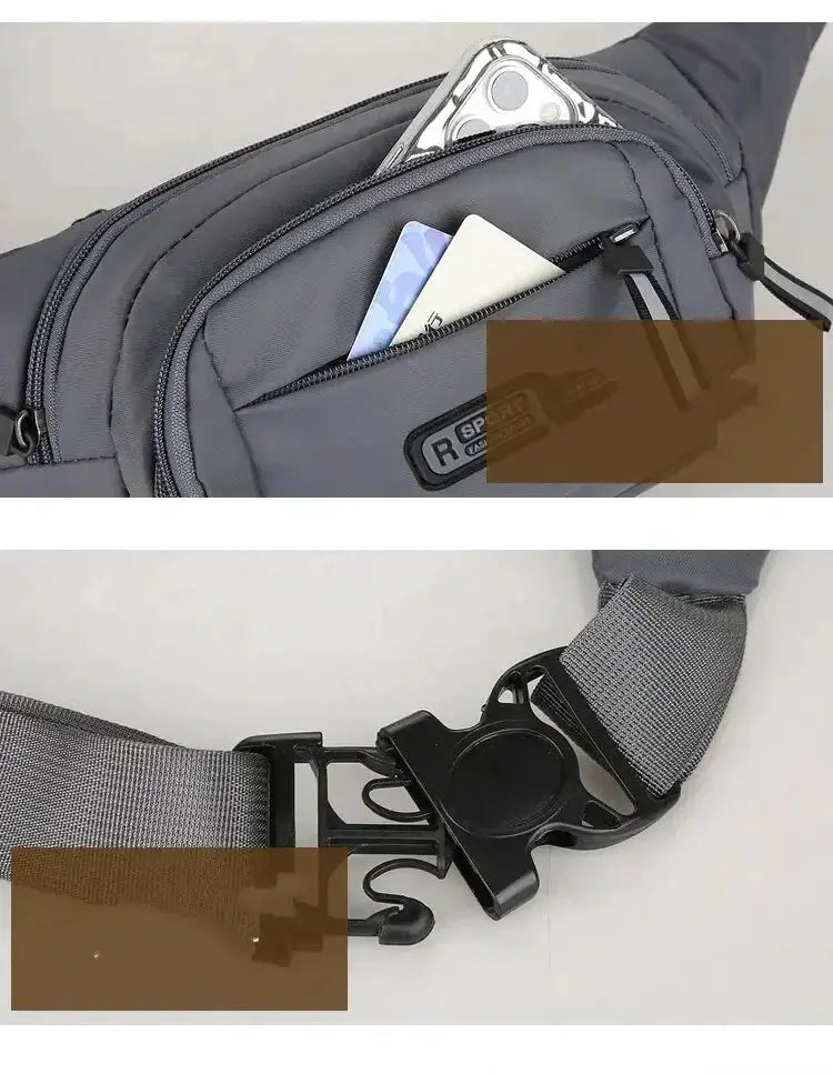 Simples Market men's canvas waistpack, slim gray anti-theft fanny bag with front pocket for phone and cards.