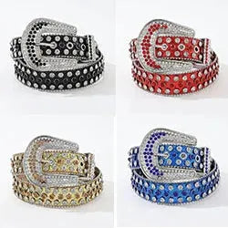 Four rhinestone belts in black, red, gold, and blue with metal buckles