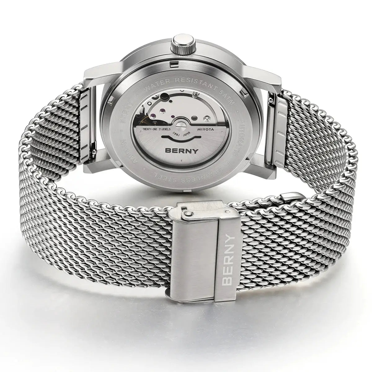 BERNY automatic men's watch with silver-tone 316L stainless steel mesh band and see-through case back