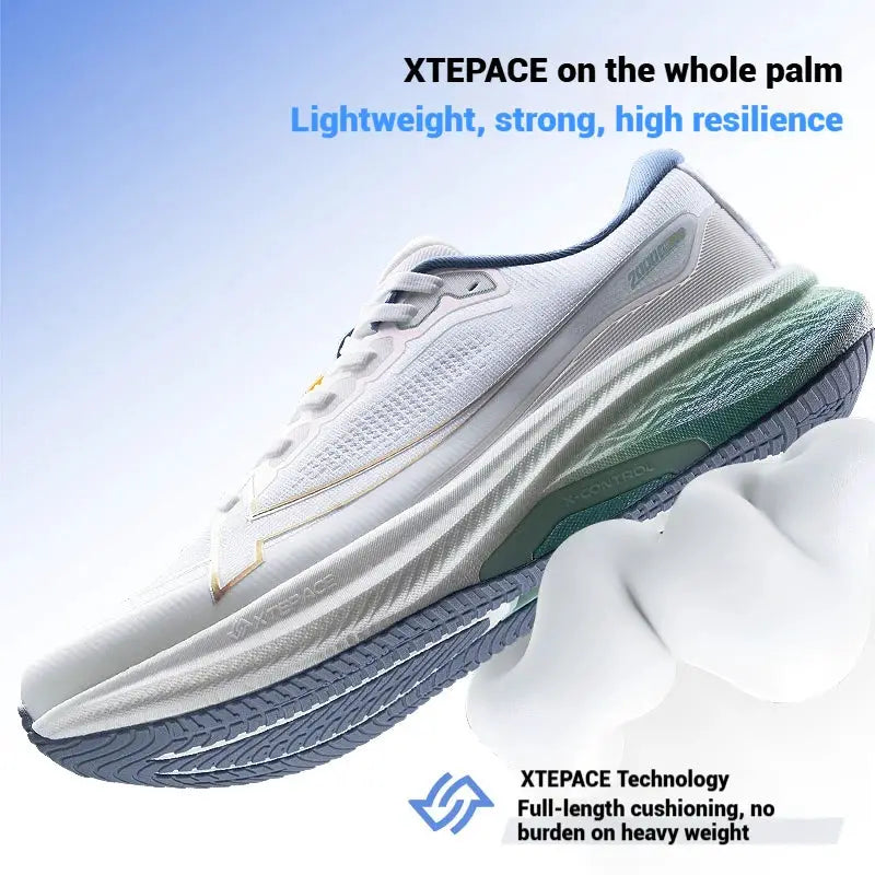 XTEPACE 2000km Plus running shoes, white/gray with blue accents, lightweight anti-slip
