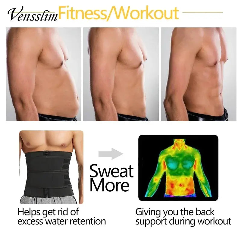 Vensslim waist trainer belt by Simples Market; black adjustable cincher shown in three before/after torso photos.