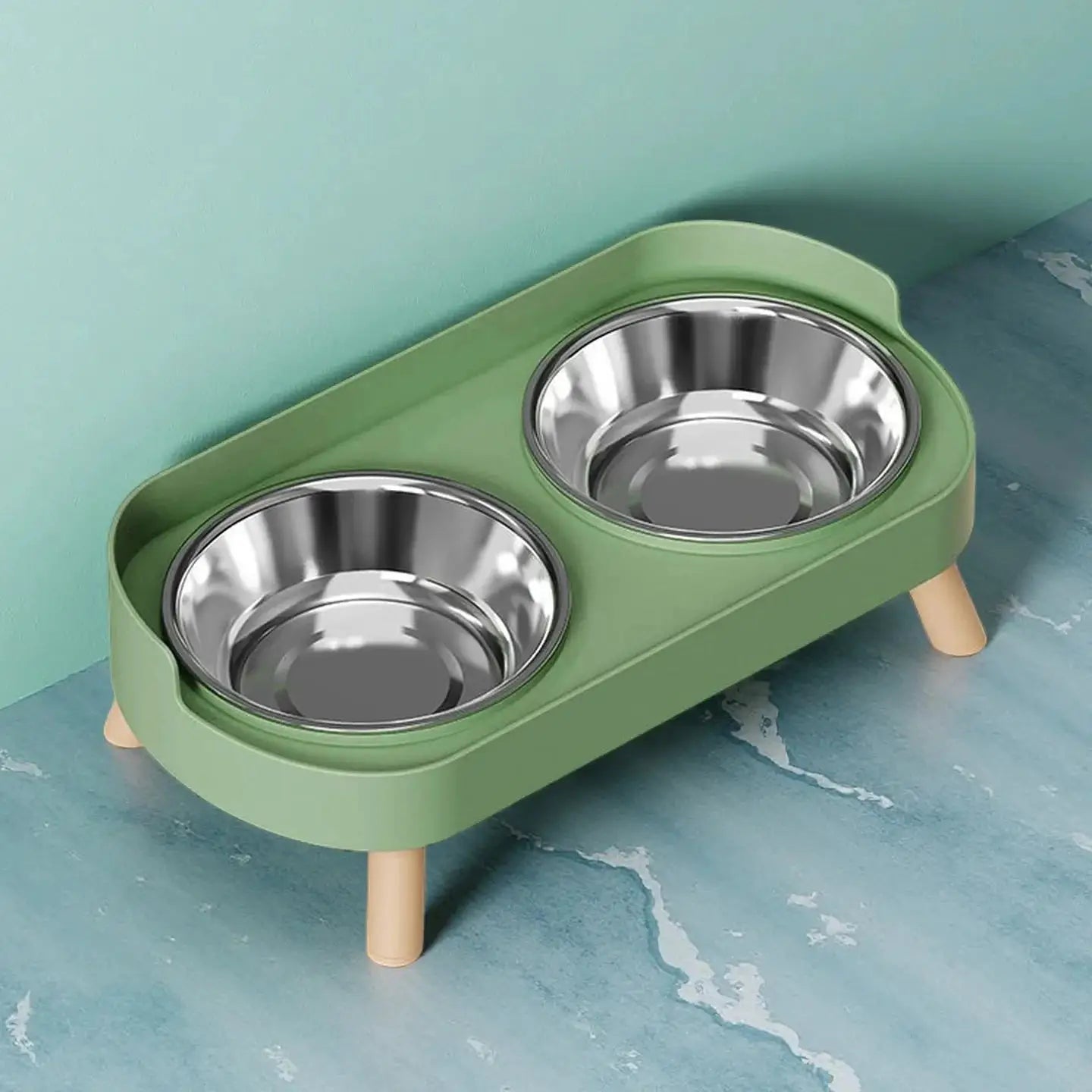 Fashion pet food and water station with dual stainless steel bowls on a green elevated neck-support stand.
