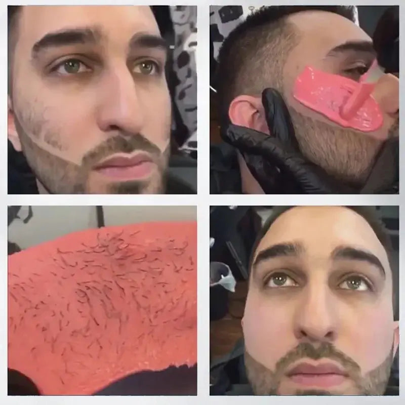 Facial waxing collage with pink wax being applied to a man's face.