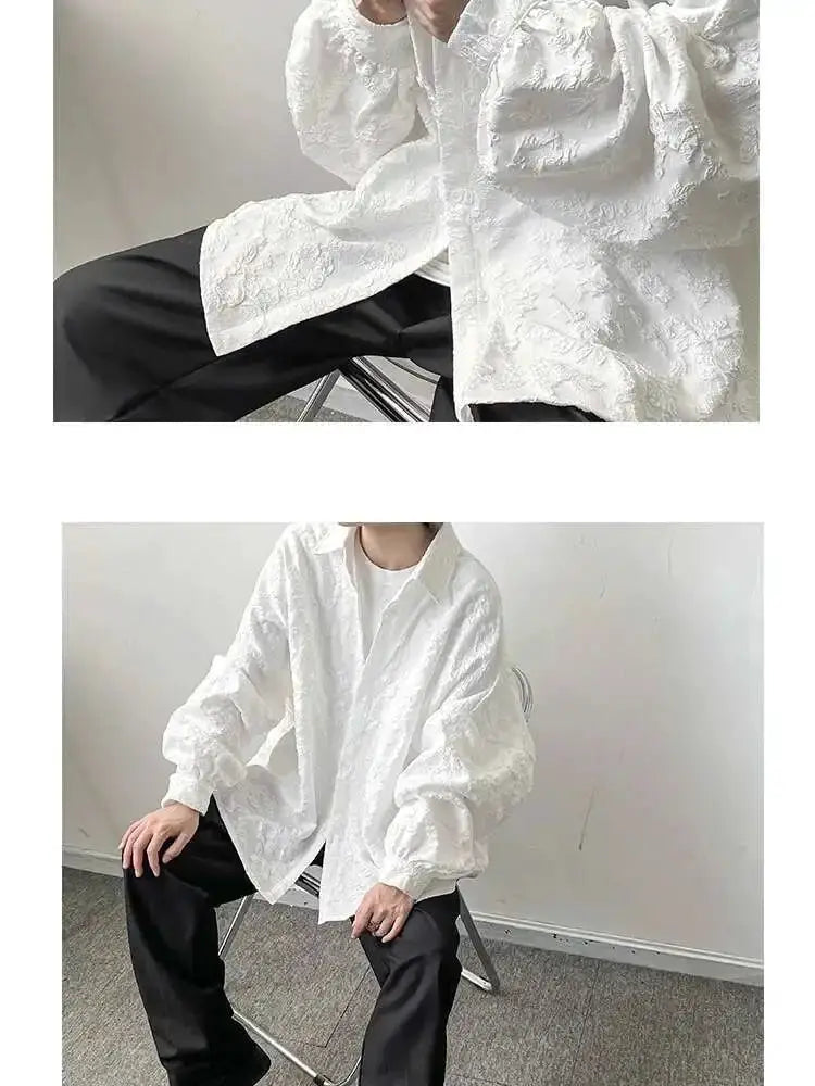 2XL white crumpled jacquard shirt with bat-wing sleeves, turn-down collar, loose fit.