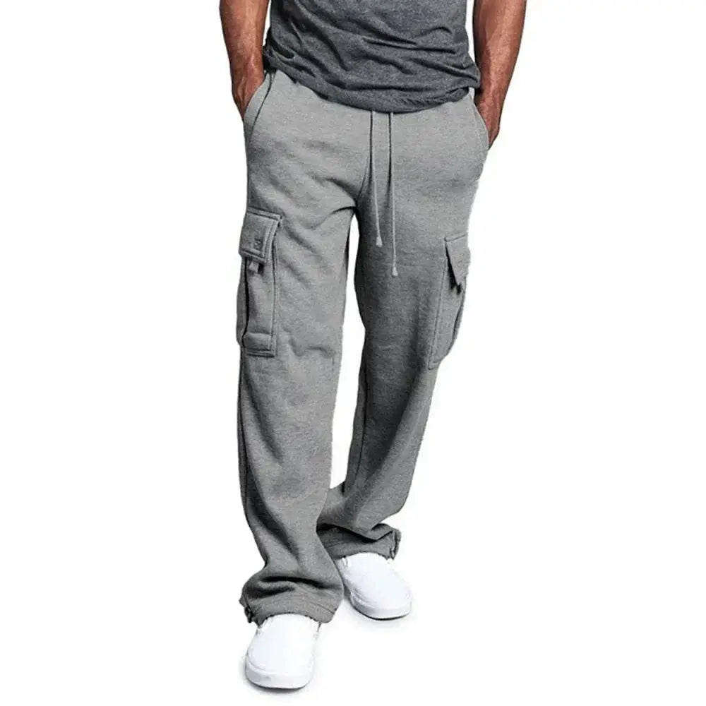 Men's cargo sweatpants in grey with cargo pockets and drawstring waist.