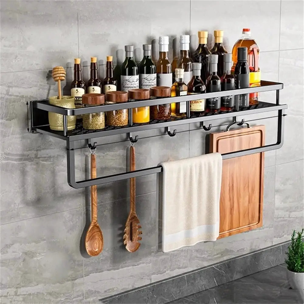 Multi-functional spice rack wall-mounted with two-tier shelf and hanging rod by Simples Market