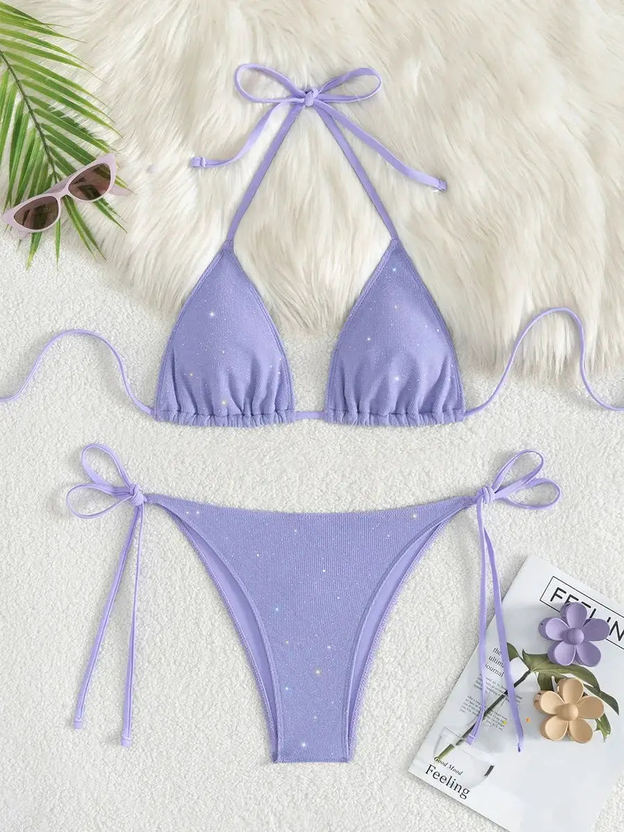 Shiny Halter Strappy Bikini Set High Cut Two Pieces Women Swimwear 2025 Bathing Suit