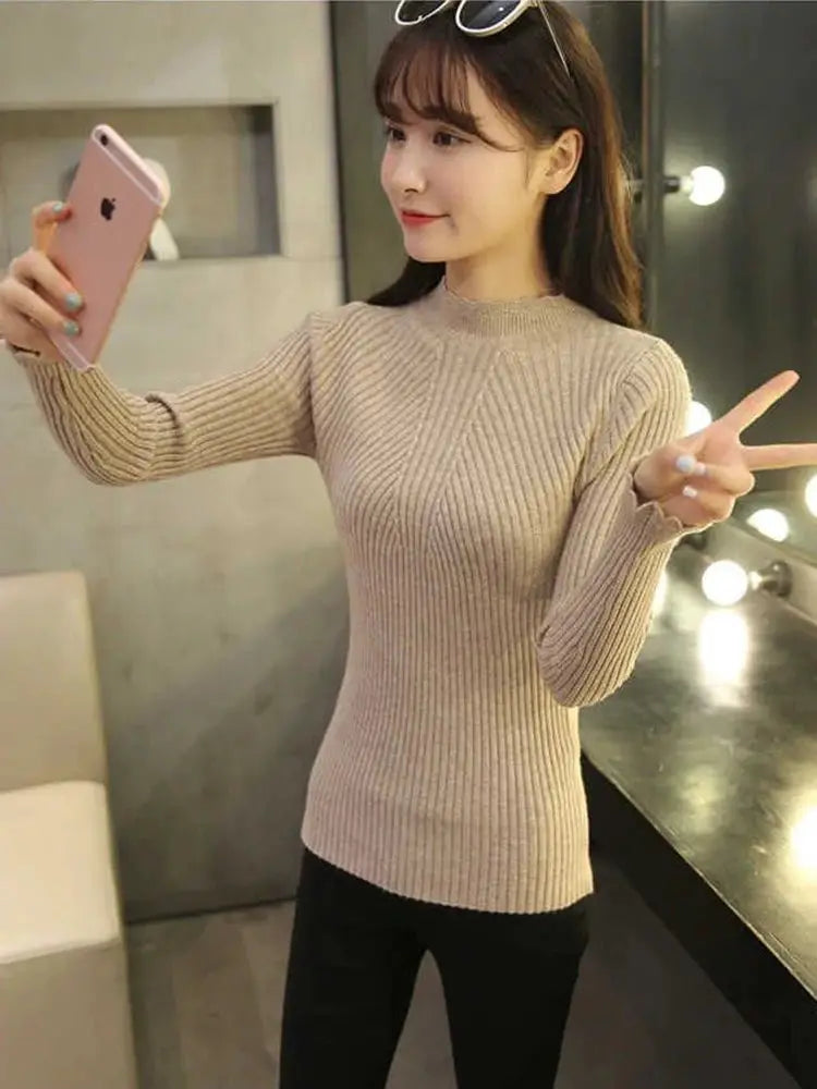 Autumn Women Mock Neck Ruffle Knit Sweater Long Sleeve Pullover Solid Casual Winter Layering
