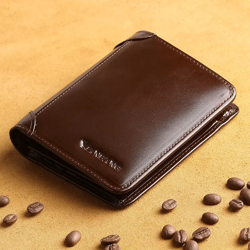 ManBang brown genuine leather men's wallet with stitched edges and card holder, brand logo visible