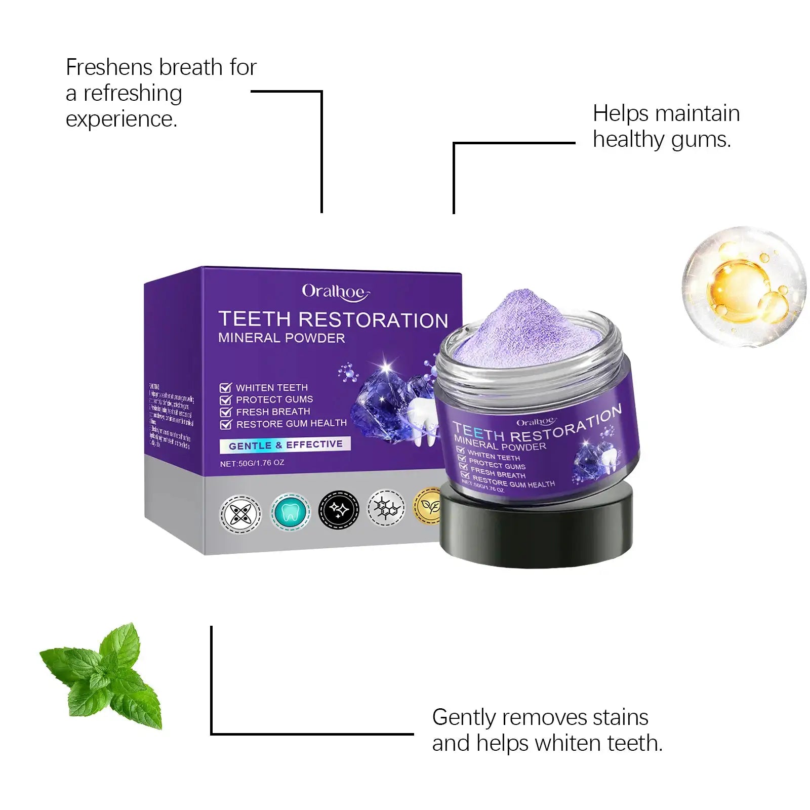 Oralhoo Teeth Restoration Mineral Powder, purple jar and box; whitening teeth and fresh breath.