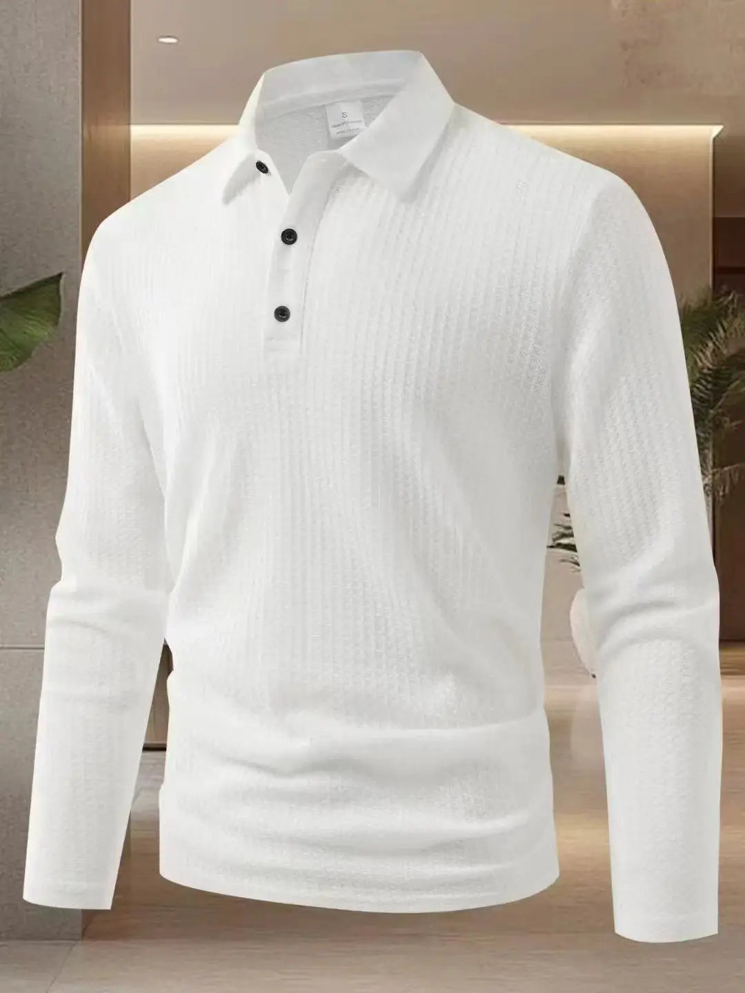 Men's white textured long-sleeve polo shirt with button placket, casual business-c casual style