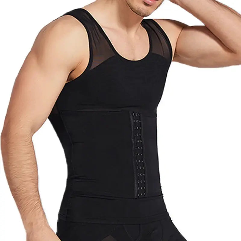 CXZD waist trainer muscle girdle for men, black slimming torso shaper with front hook closure and mesh shoulder panels